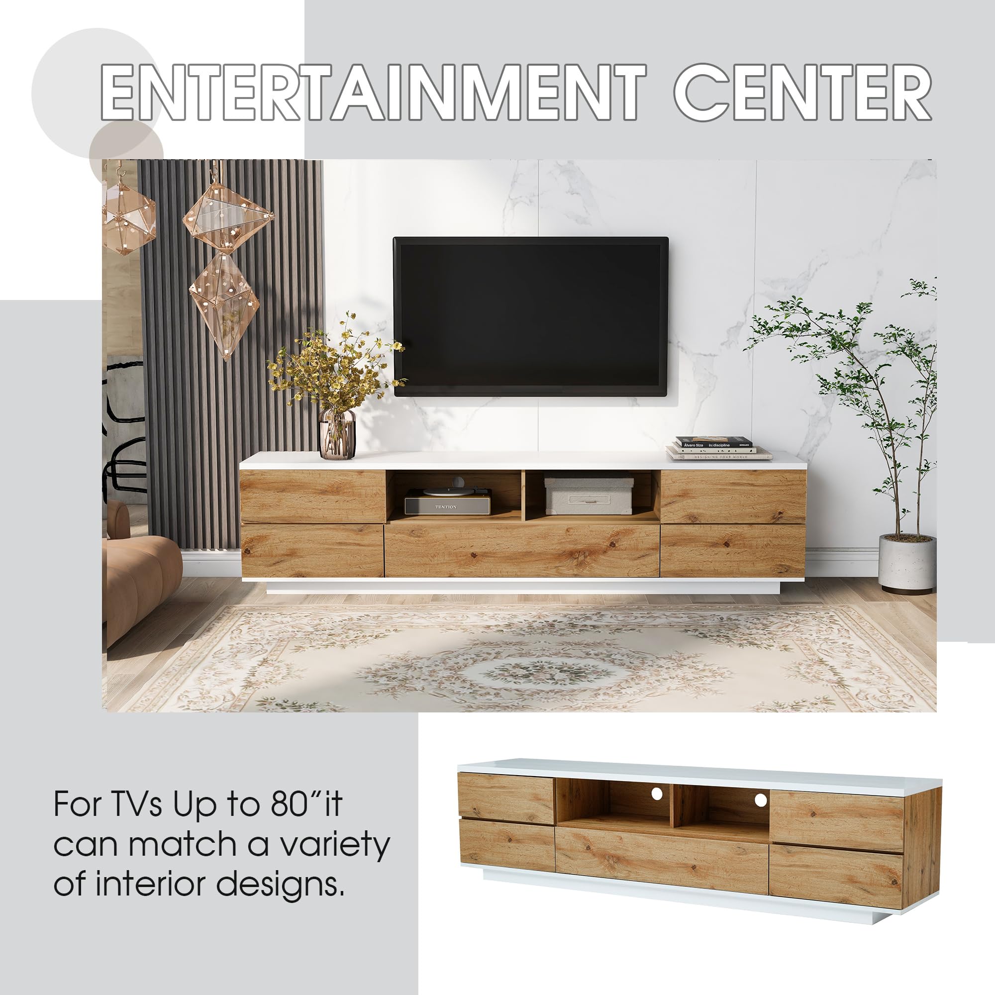 Wood TV Stand Entertainment Center with Storage Cabinets