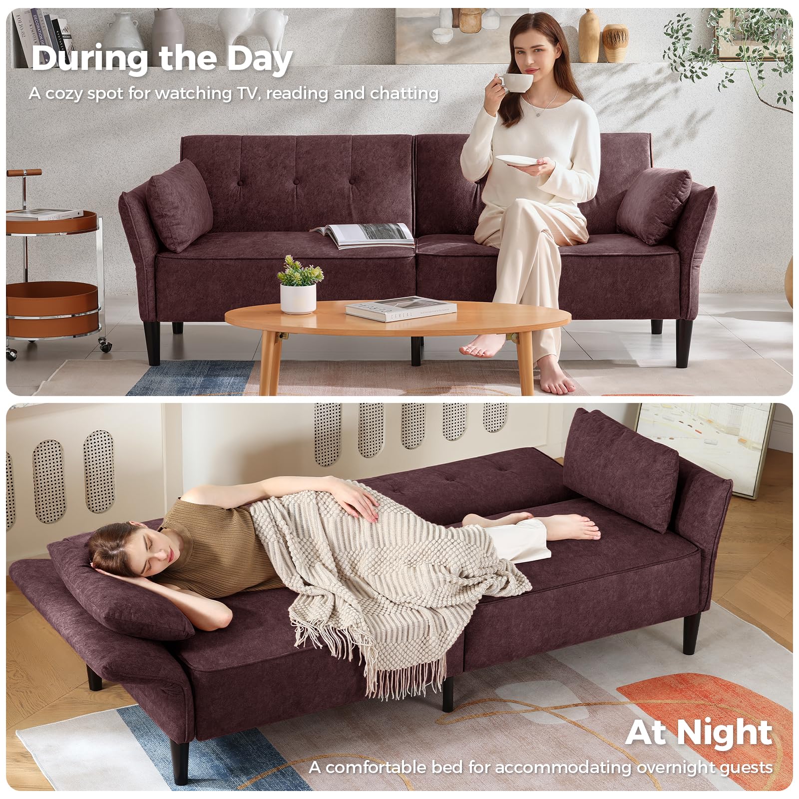 Convertible Futon Sofa Bed with Adjustable Backrest and Armrests