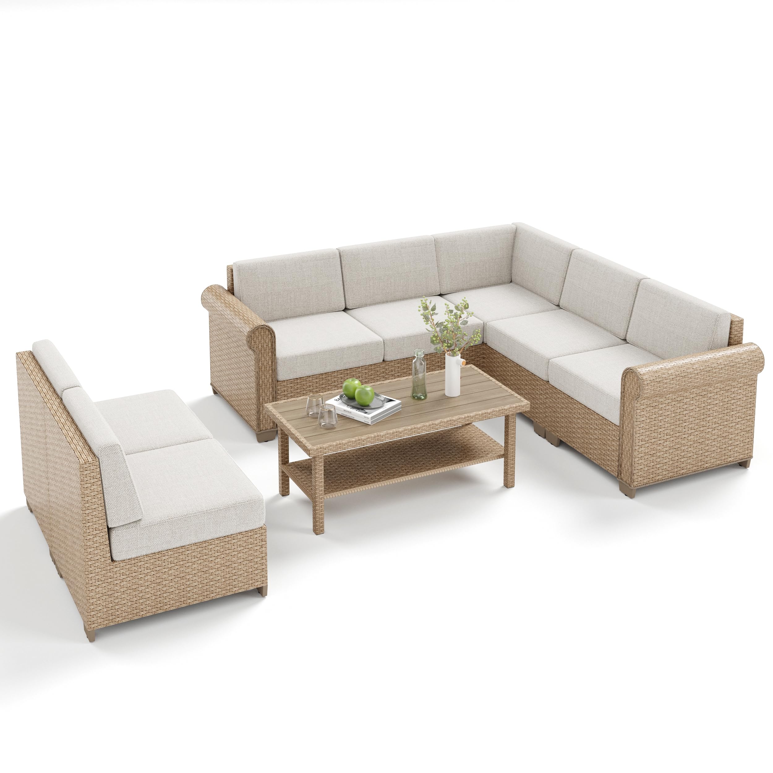 8 Piece Outdoor Rattan Wicker Sectional Conversation Set with Waterproof Cushions