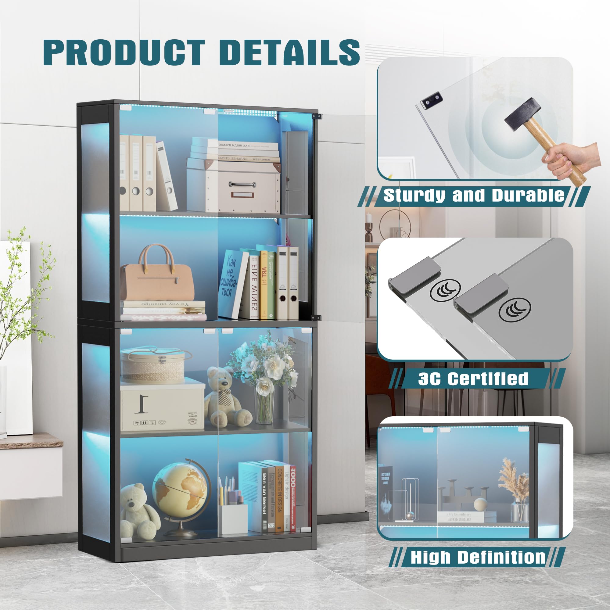4-Tier Glass Display Cabinet with LED Lights