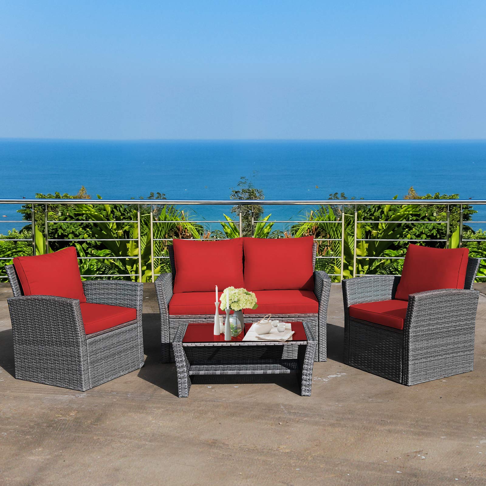 4-Piece Patio Rattan Furniture Set with Glass Coffee Table