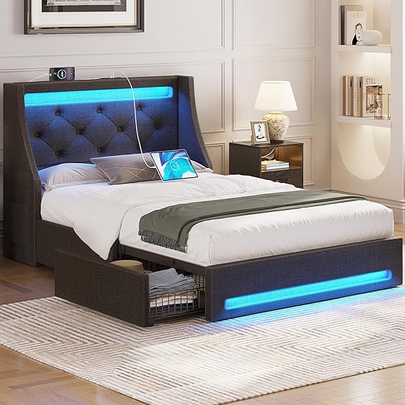 Full Bed Frame with LED Lights and Charging Station