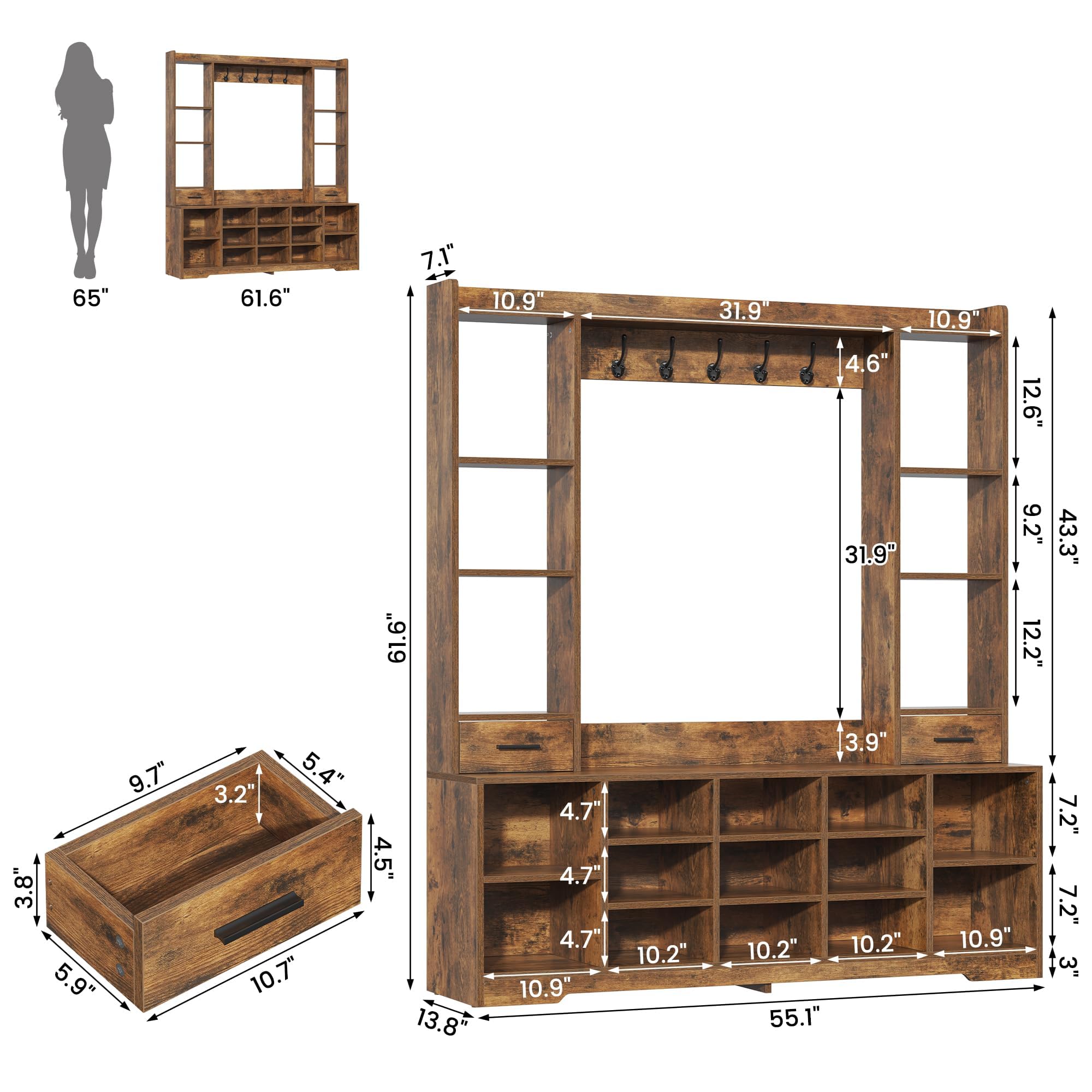 Farmhouse Hall Tree with Shoe Storage