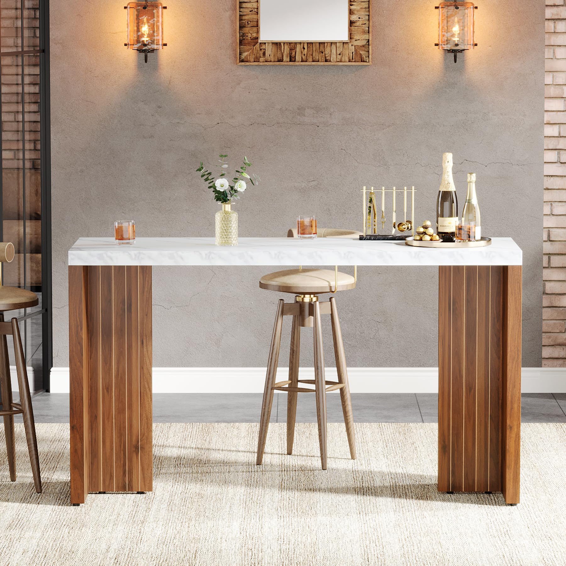 Modern Counter Height Bar Table with Faux Marble Top