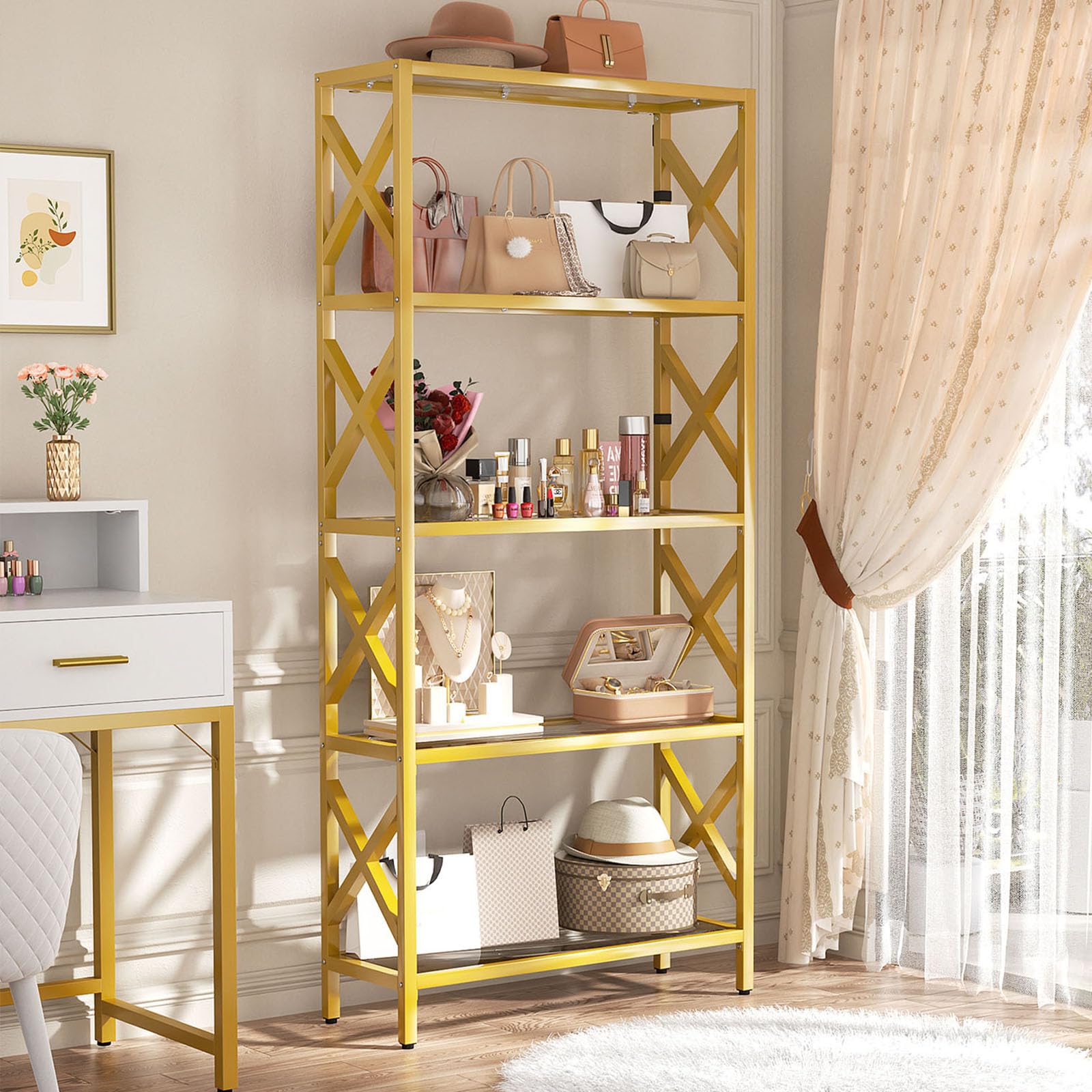 5-Tier Glass Bookshelf with LED Light