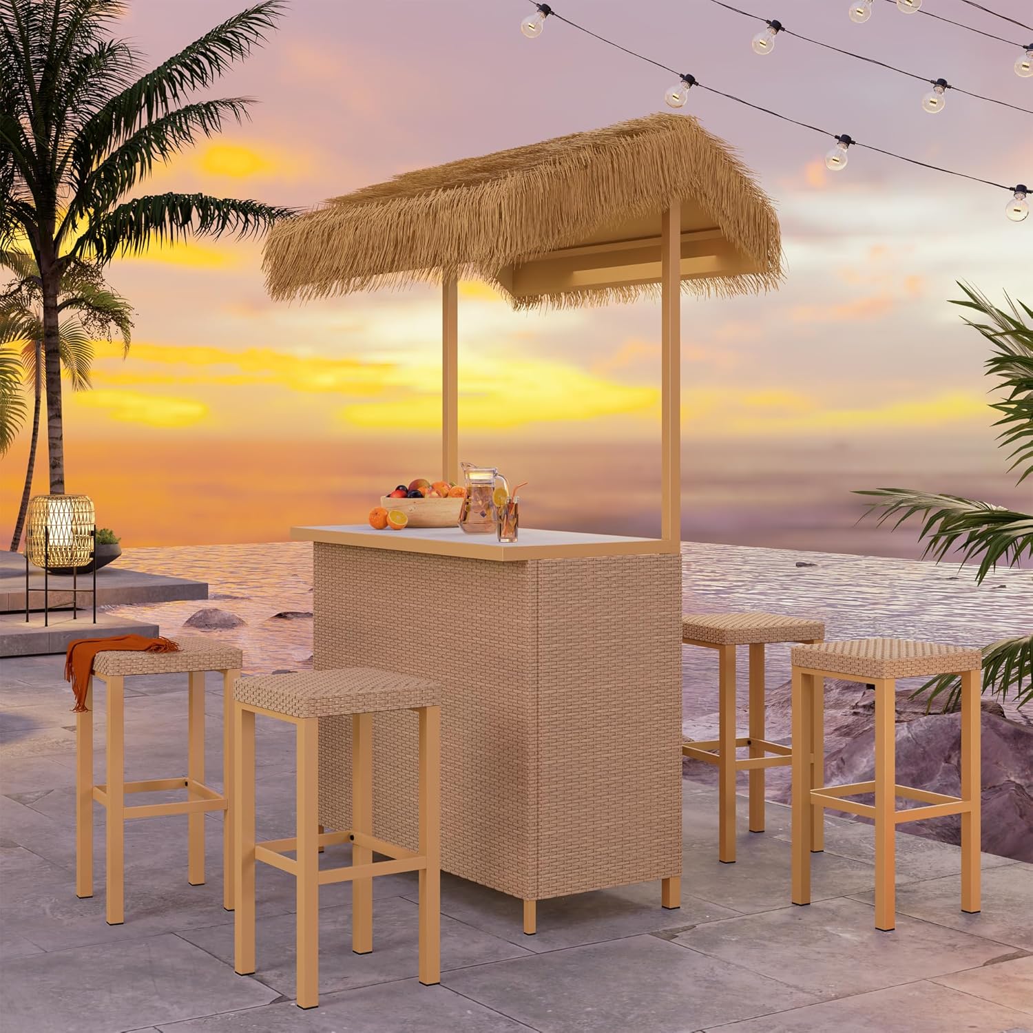 Outdoor Tiki Bar Set with 2 Stools