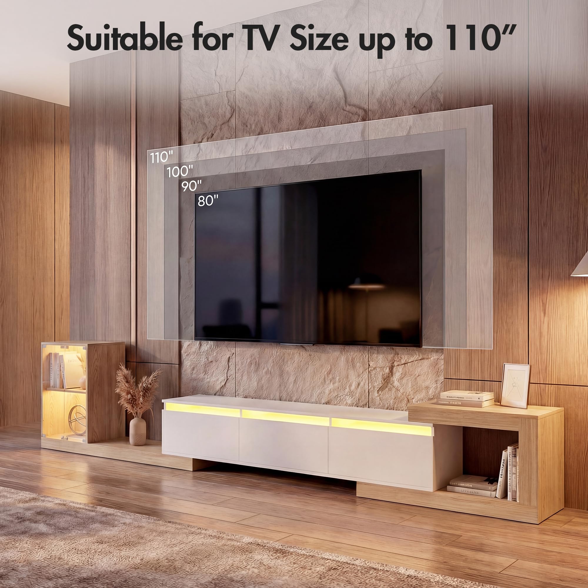 Extendable TV Stand with Glass Cabinet and LED Lighting