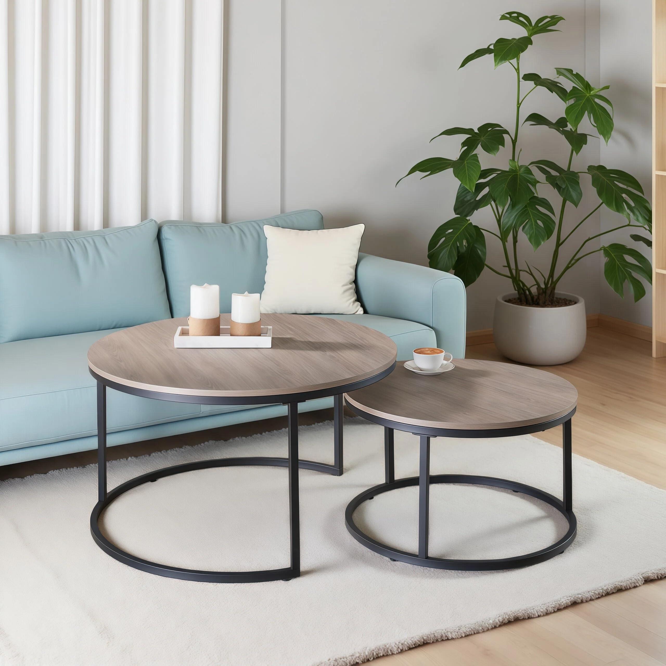 Round Nesting Coffee Table Set of 2 - Grey Wash Oak Wood & Metal Frame