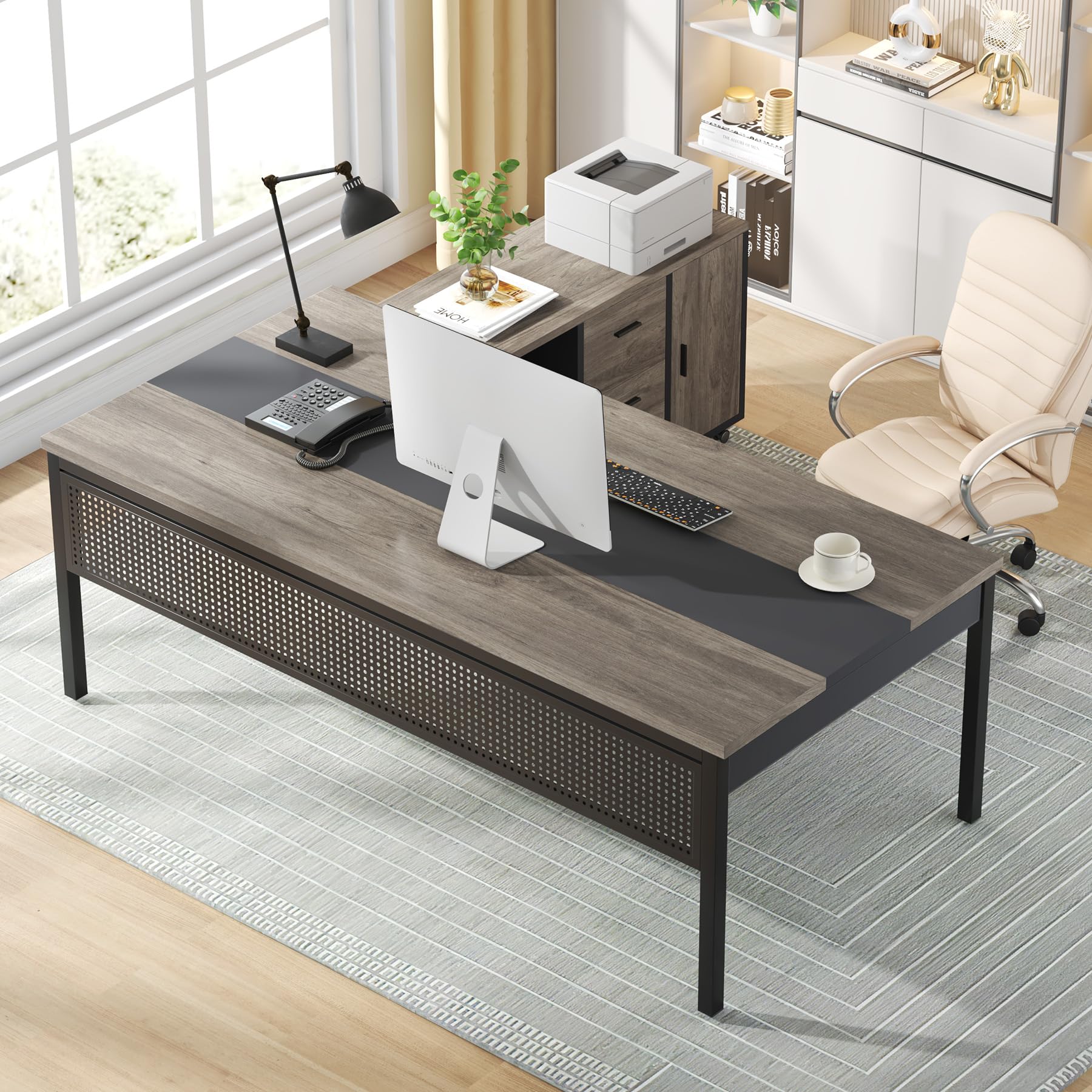 70.8" L-Shaped Executive Office Desk with File Cabinet Combo