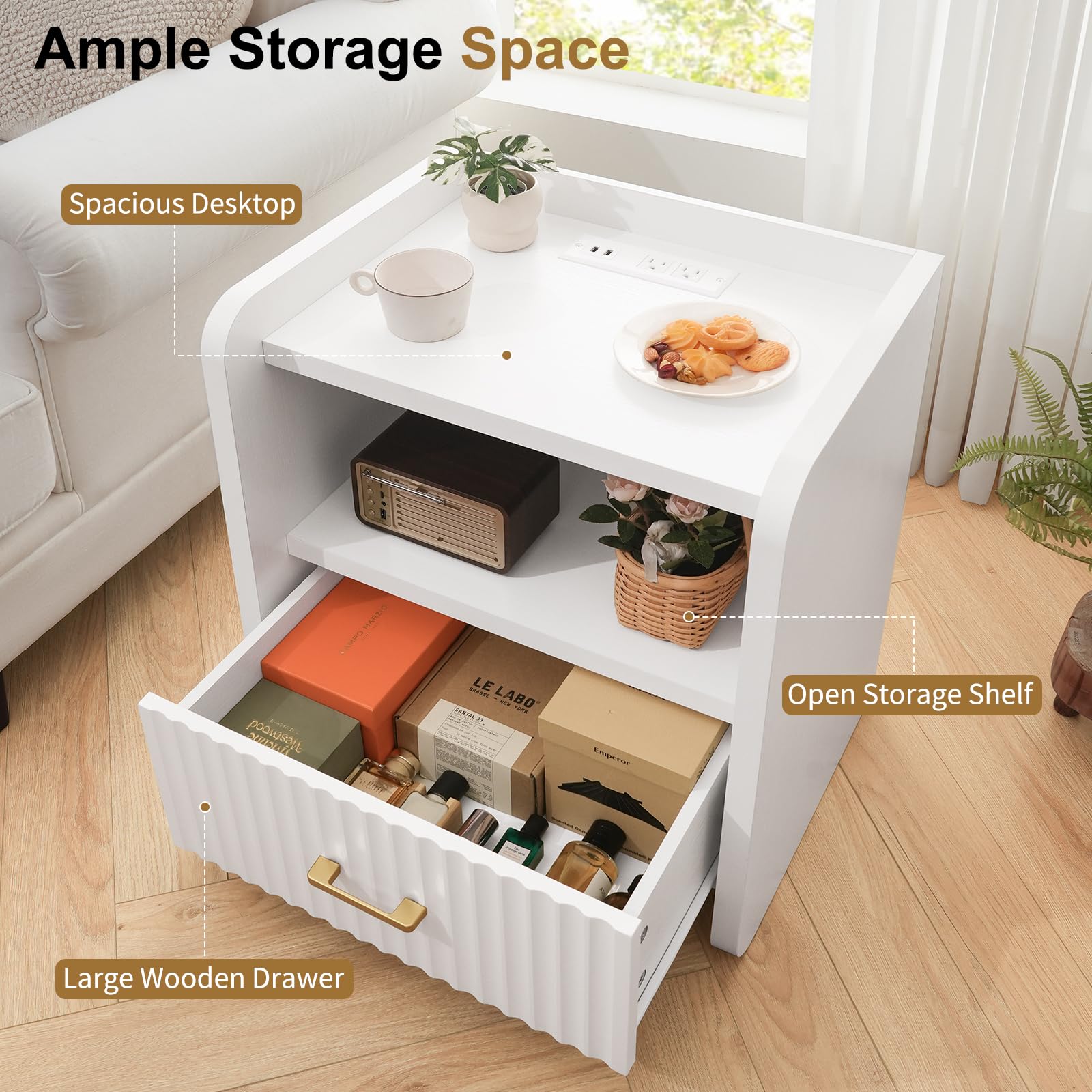 Night Stand with Charging Station and Drawer Storage