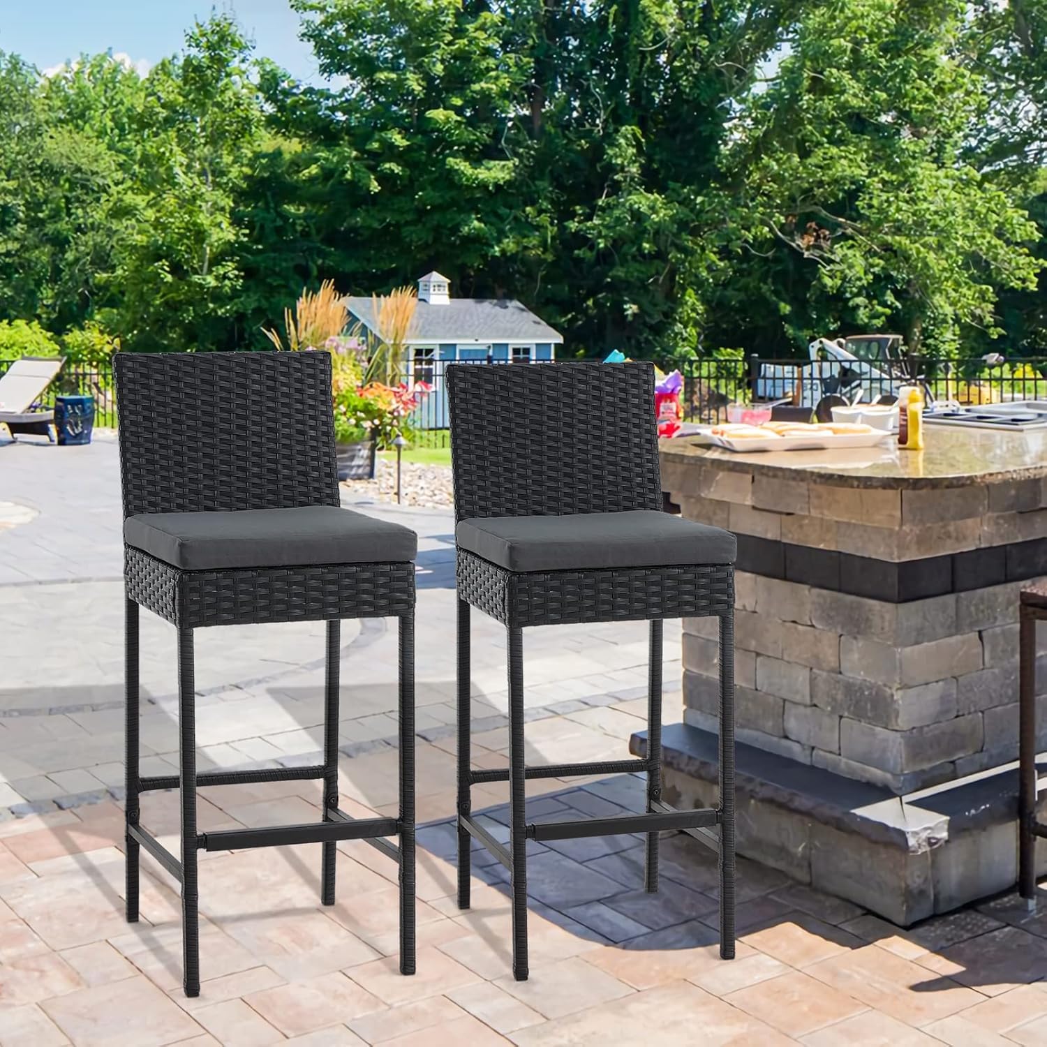 Outdoor Wicker Bar Stools Set of 2 with Footrest and Cushions