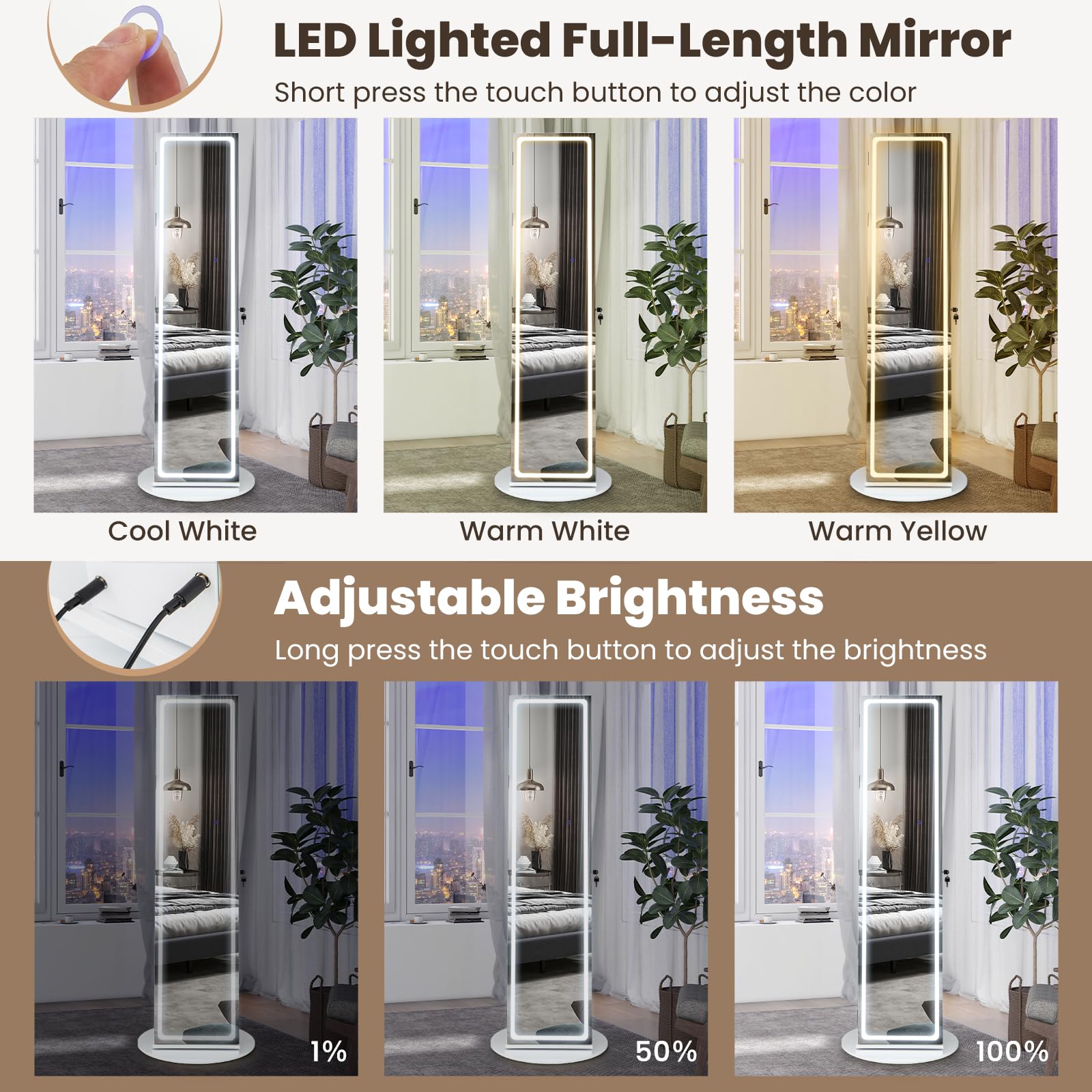 Swivel LED Mirror Jewelry Cabinet Armoire Full Length with Storage
