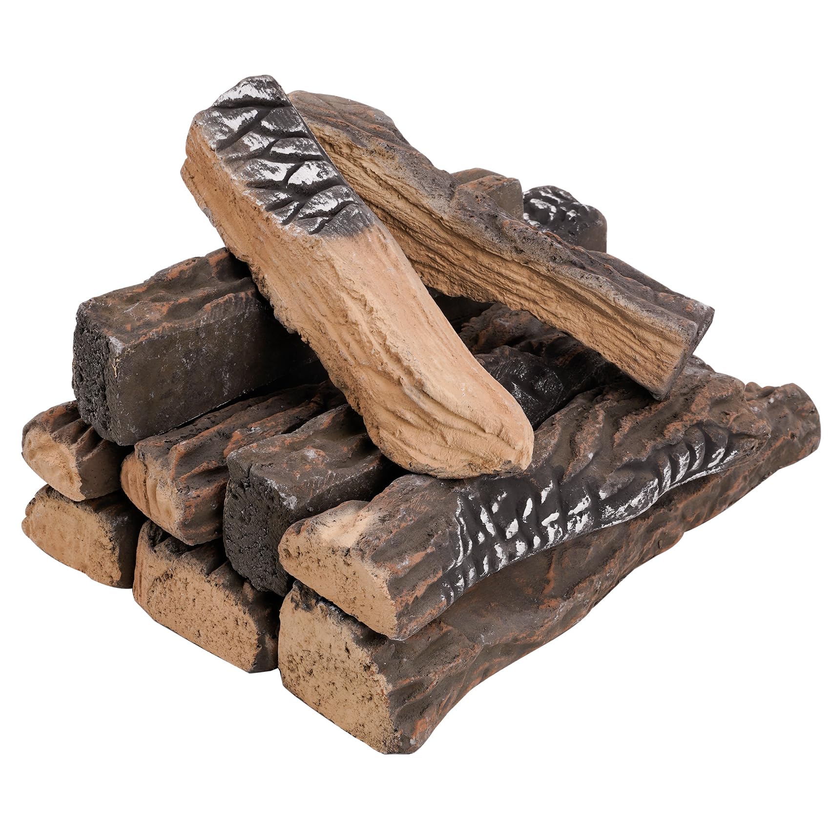 Large Ceramic Gas Fireplace Logs - 10 Piece Set