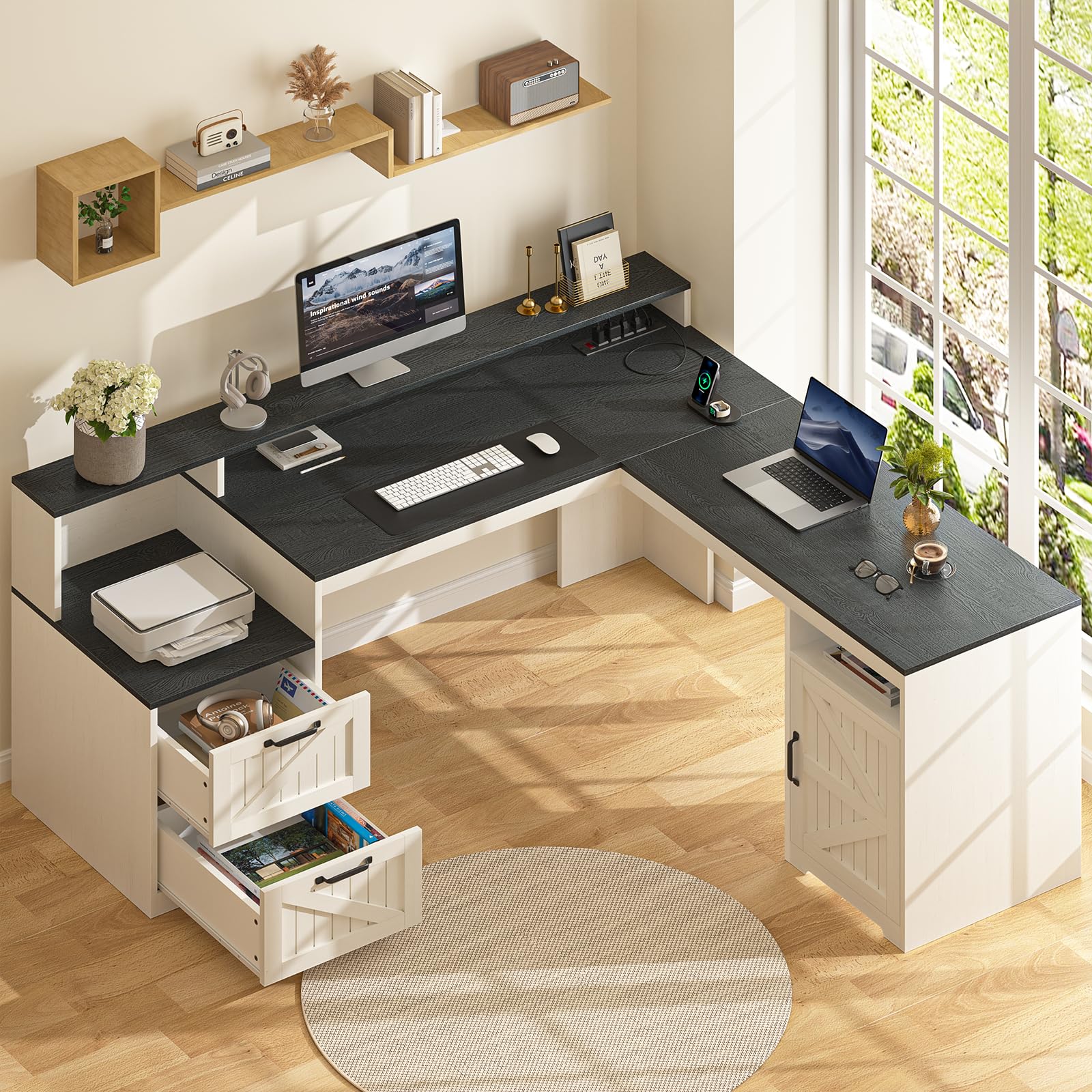 63" L-Shaped Executive Desk with Drawers and Storage Shelf