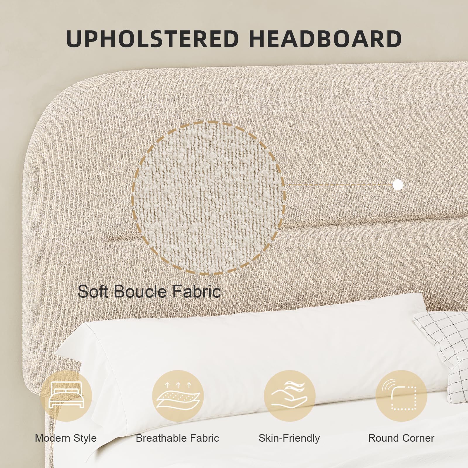 Twin Size Boucle Upholstered Bed Frame with Adjustable Headboard