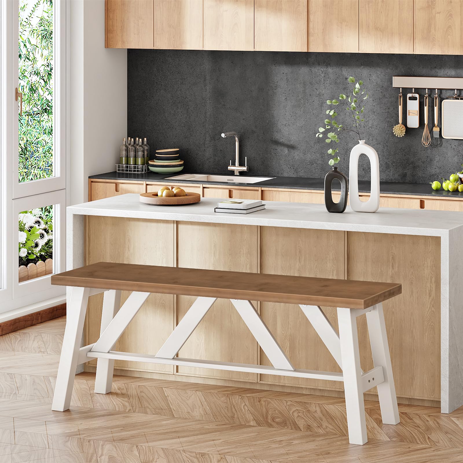 Bamboo Dining Bench 39.4 Inch Farmhouse Kitchen Table Bench