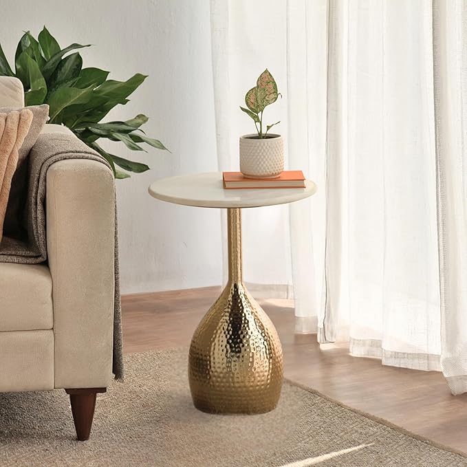Round Marble Top Side Table with Hammered Gold Base