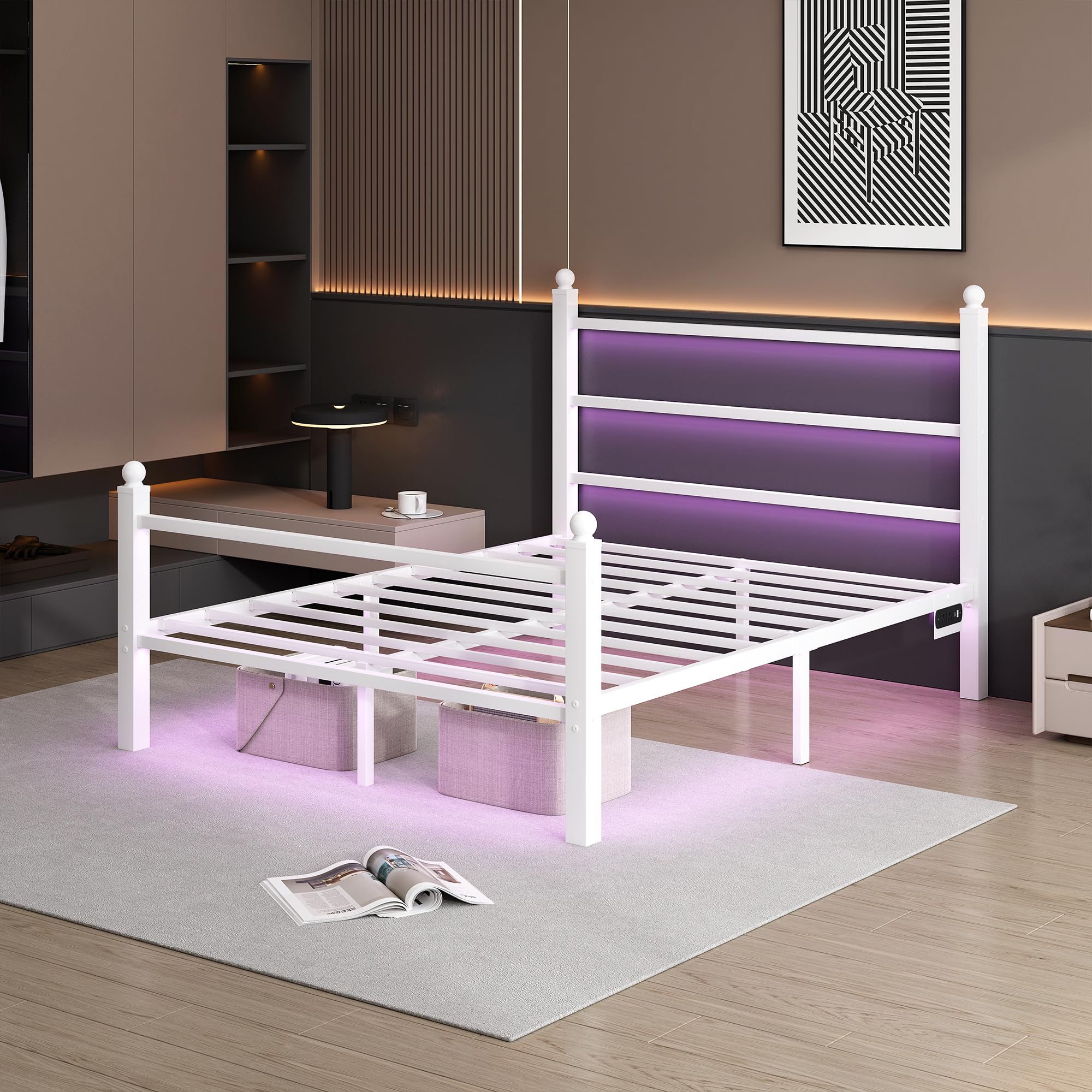 Full Size Metal Bed Frame with LED and USB Charging