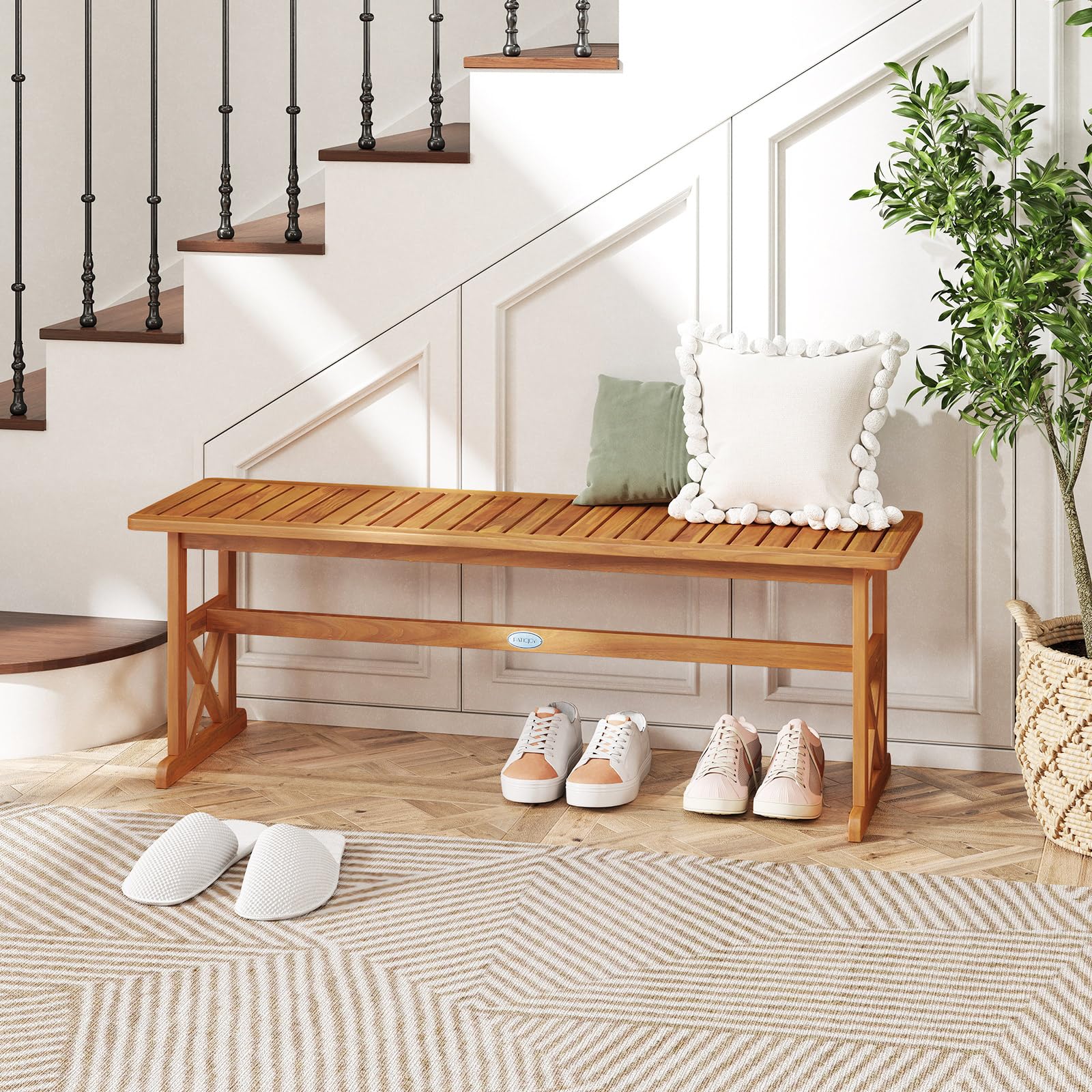 Acacia Wood Outdoor Bench Backless Patio Dining Seat