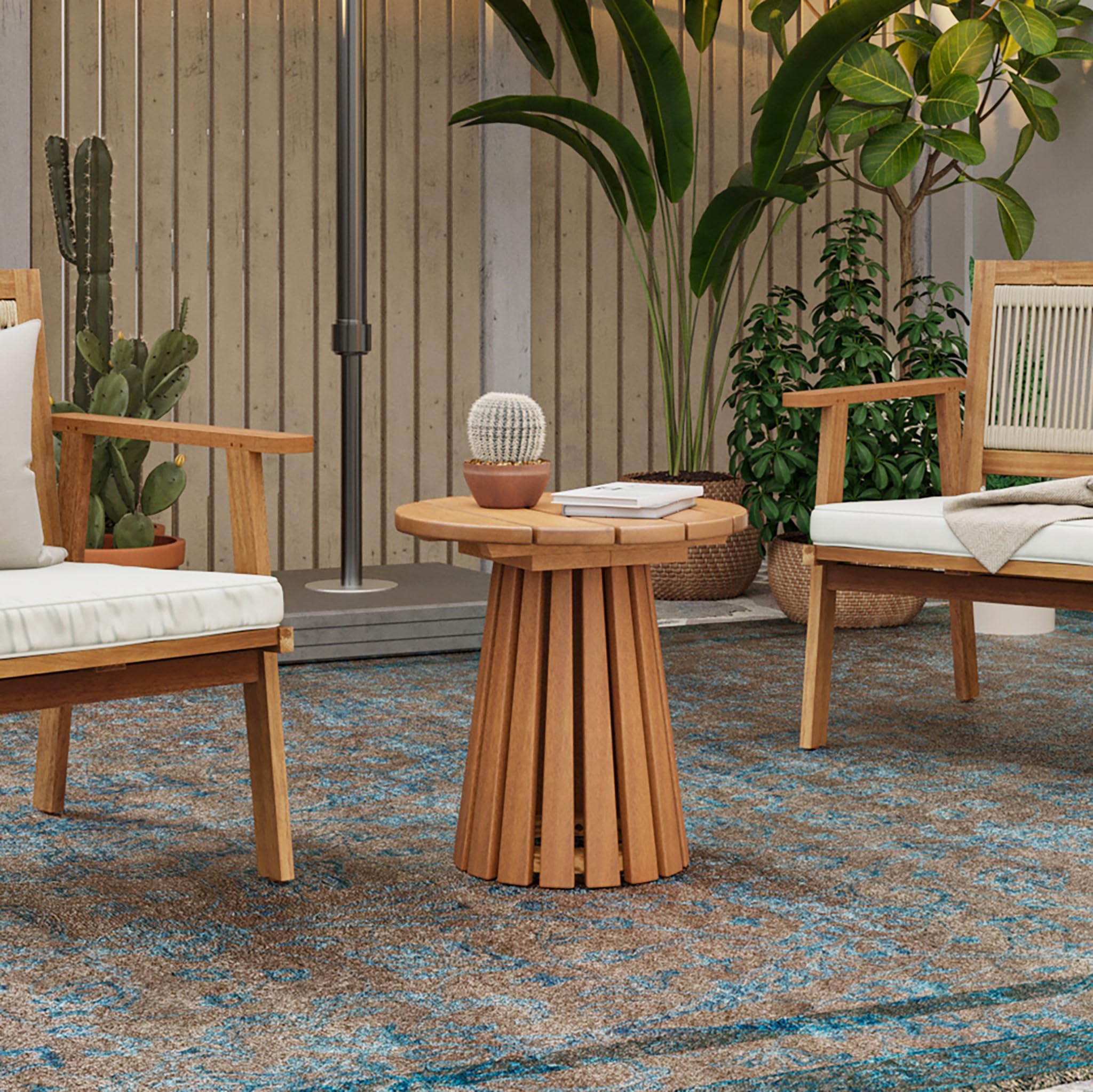 17" Natural Solid Wood Round Outdoor Side Table