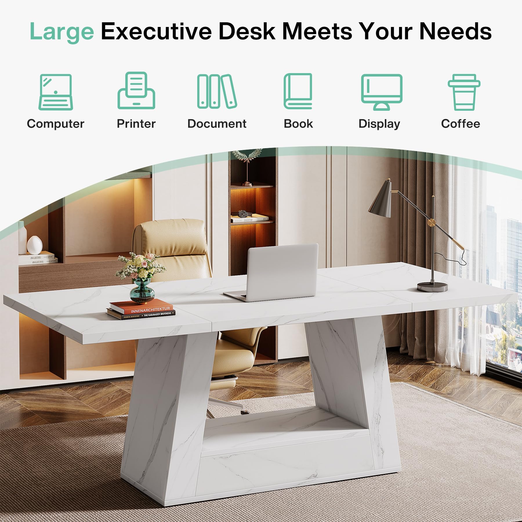 63-Inch Modern Computer Desk with Faux Marble Top