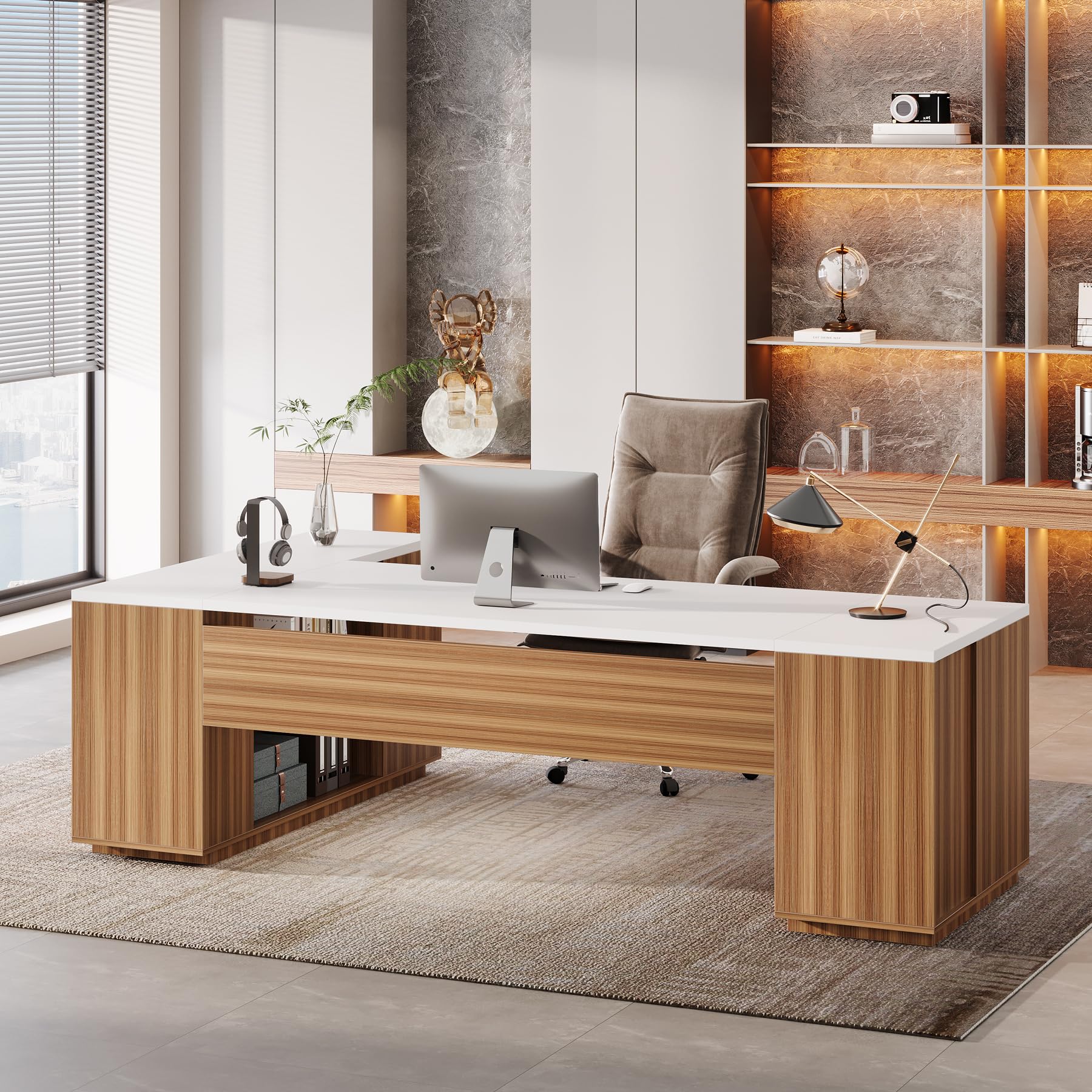 85.8-Inch L-Shaped Executive Desk with File Drawers and Cabinet