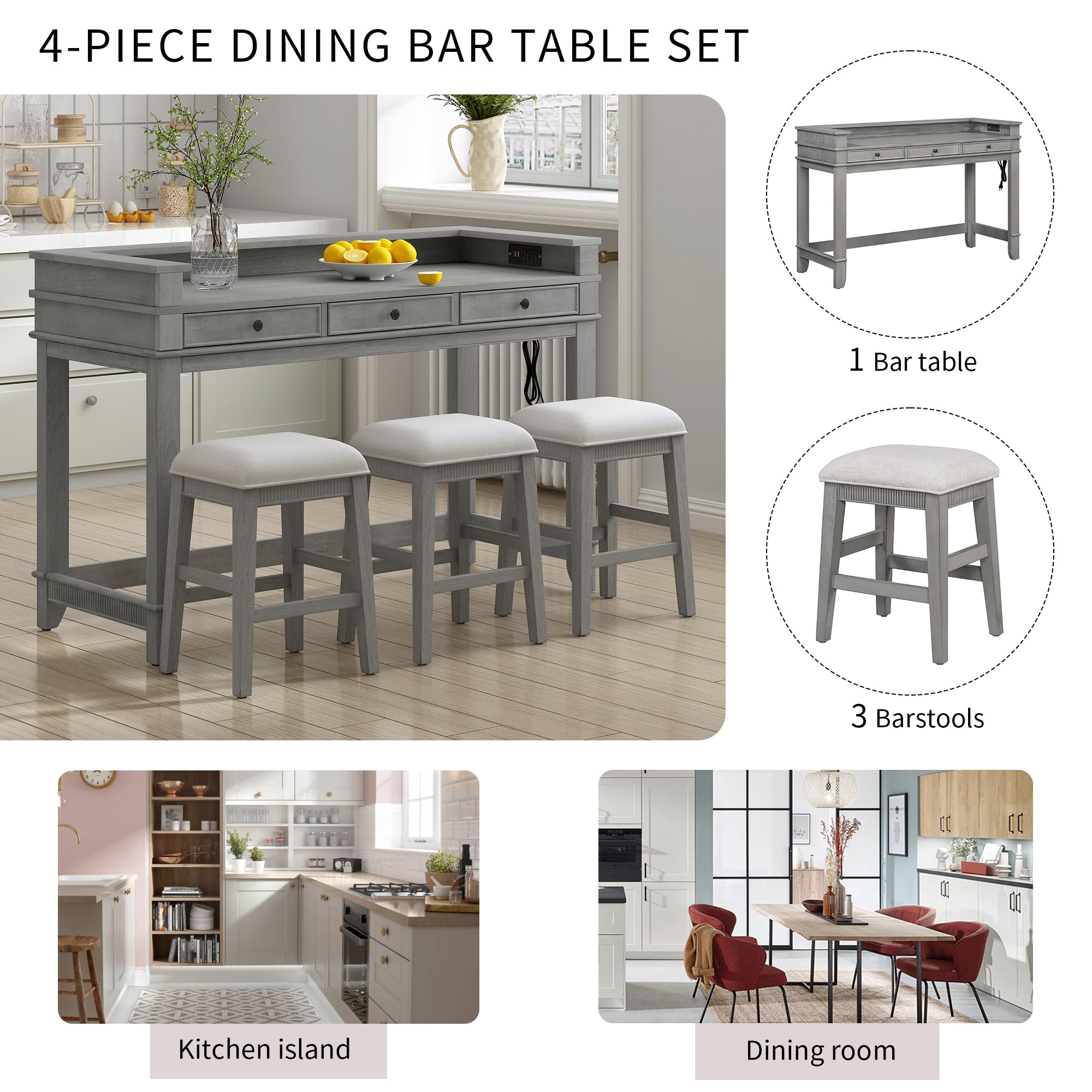 4-Piece Counter Height Dining Set with Charging Station and Storage Drawers