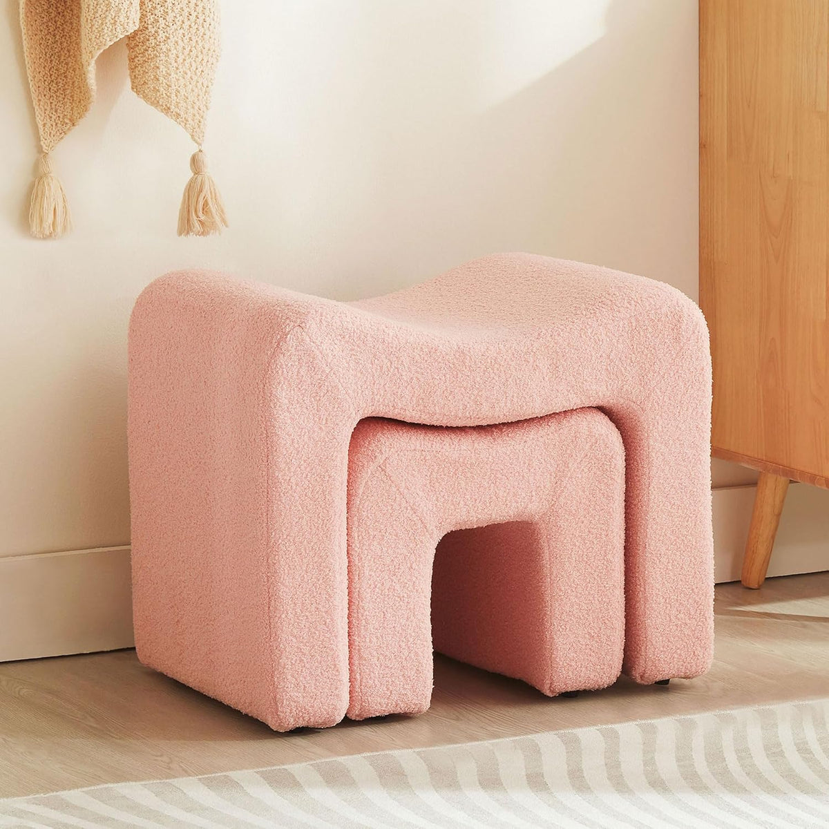 Small Footstool Ottoman Vanity Stool Set White Teddy Velvet 2-in-1