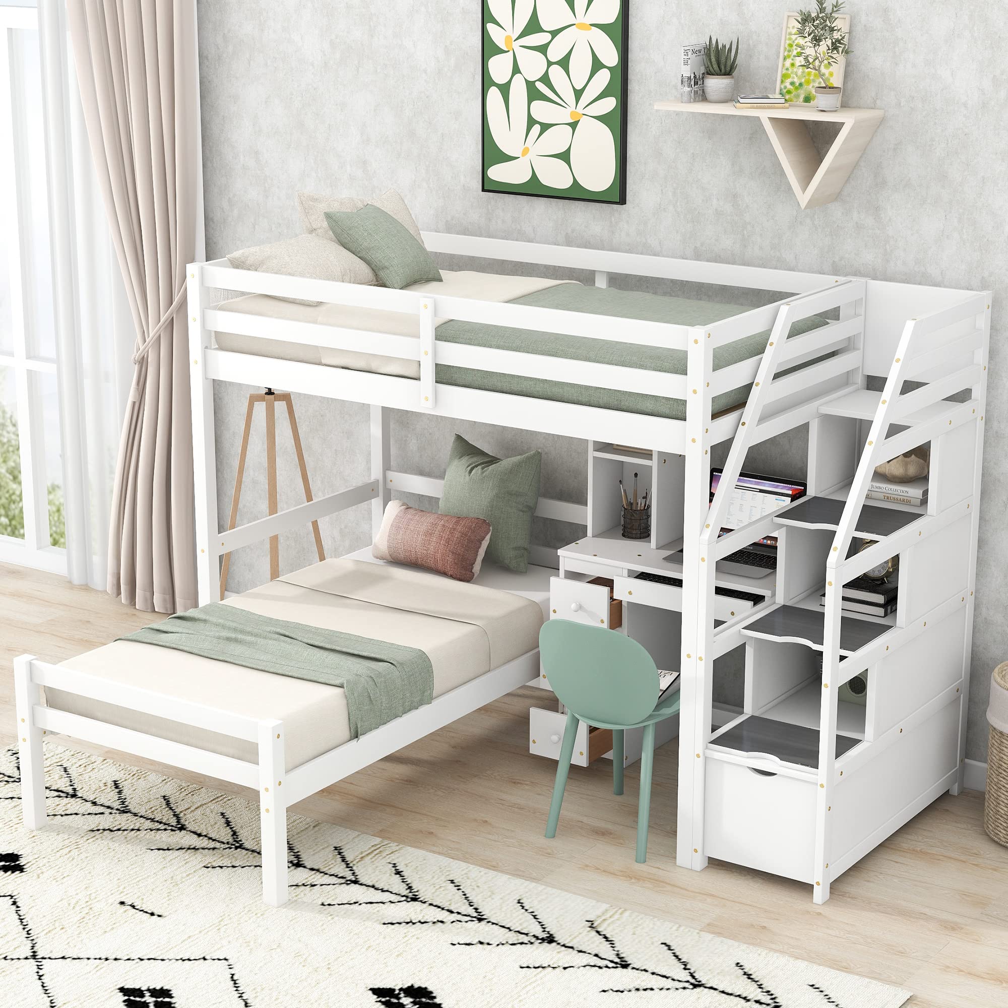 Twin Over Twin Bunk Bed with Stairs and Desk