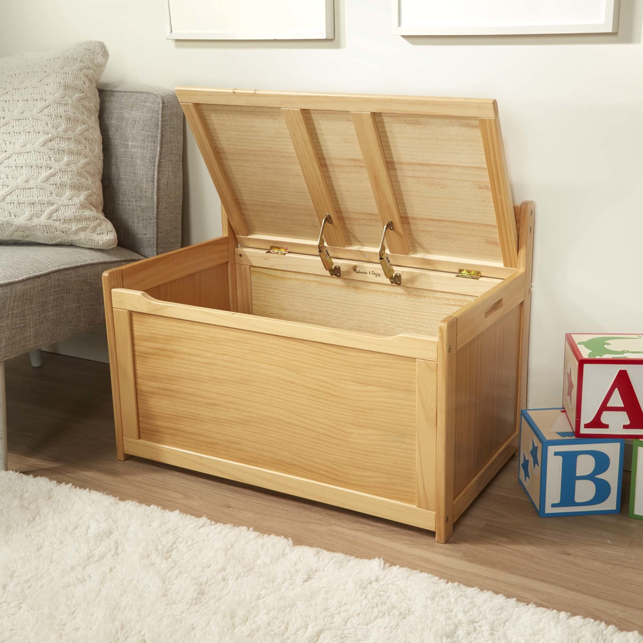 Wooden Toy Chest with Safety-Hinged Lid