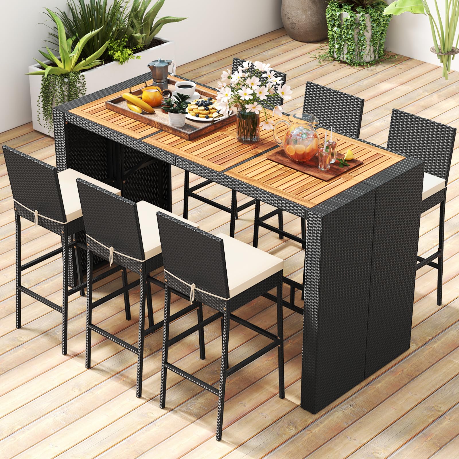 7-Piece Outdoor Bar Set with Acacia Wood Table and Wicker Stools
