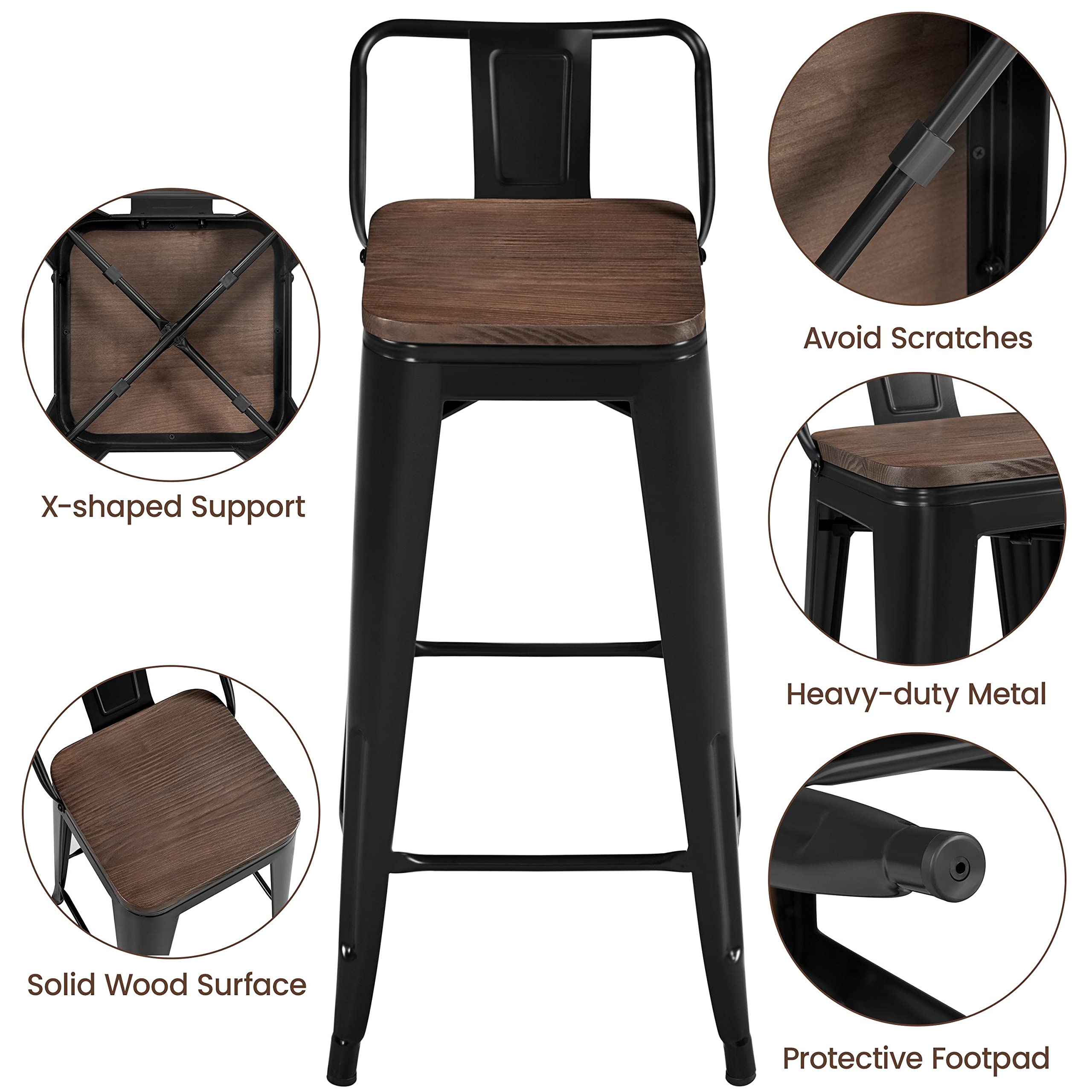 30" Metal Bar Stools Set of 4 with Wooden Seat and Low Back
