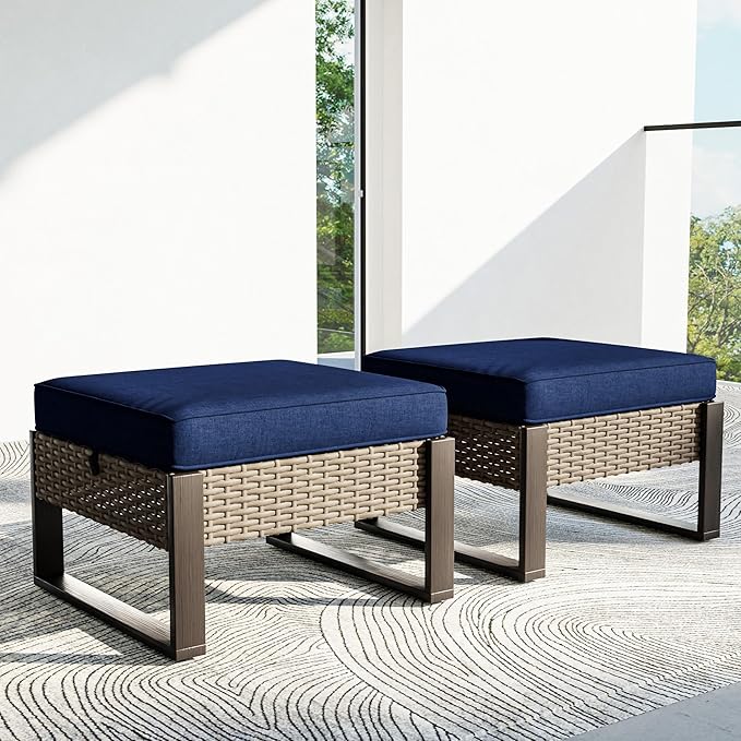 Outdoor Wicker Patio Ottomans Set of 2 with Cushions