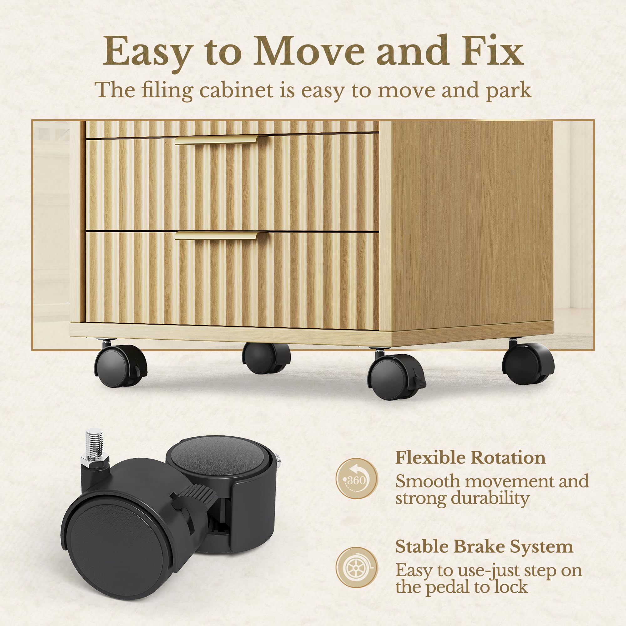 Perledesign Home Office Furniture Set, Fluted Wooden File Cabinet with Locable Wheels, Filing Cabinet with 5 Drawers for Home Office, Light Walnut