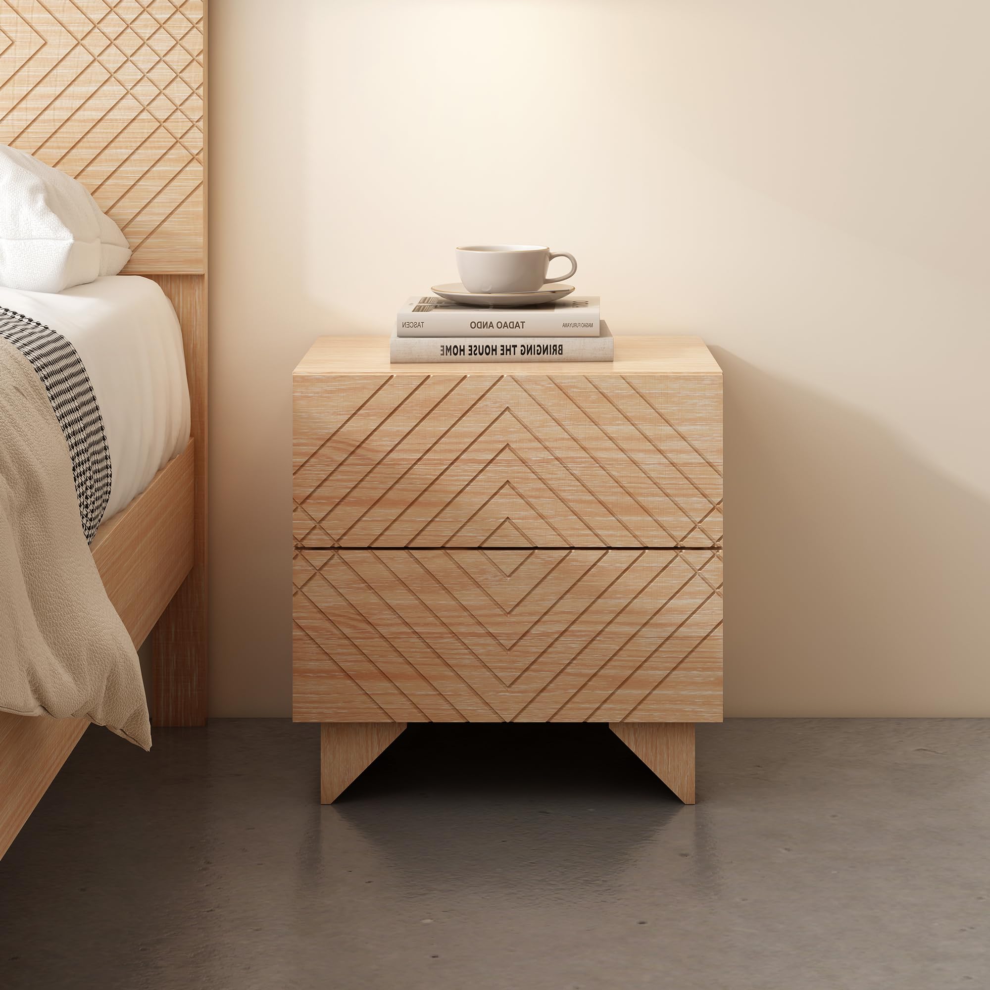 2 Drawer Solid Wood Nightstand with Rhombus Details