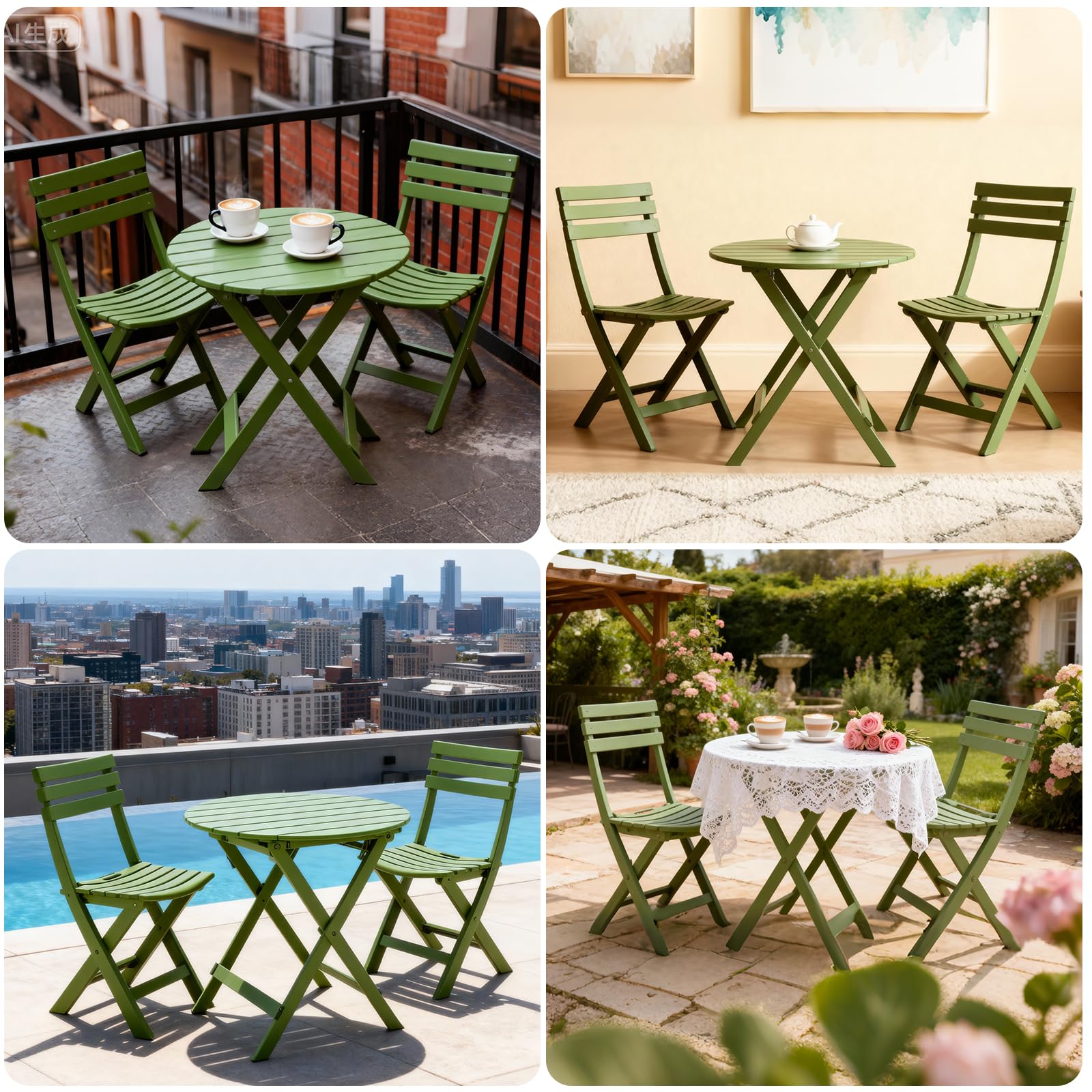 3 Piece Foldable Patio Bistro Set with Round Table