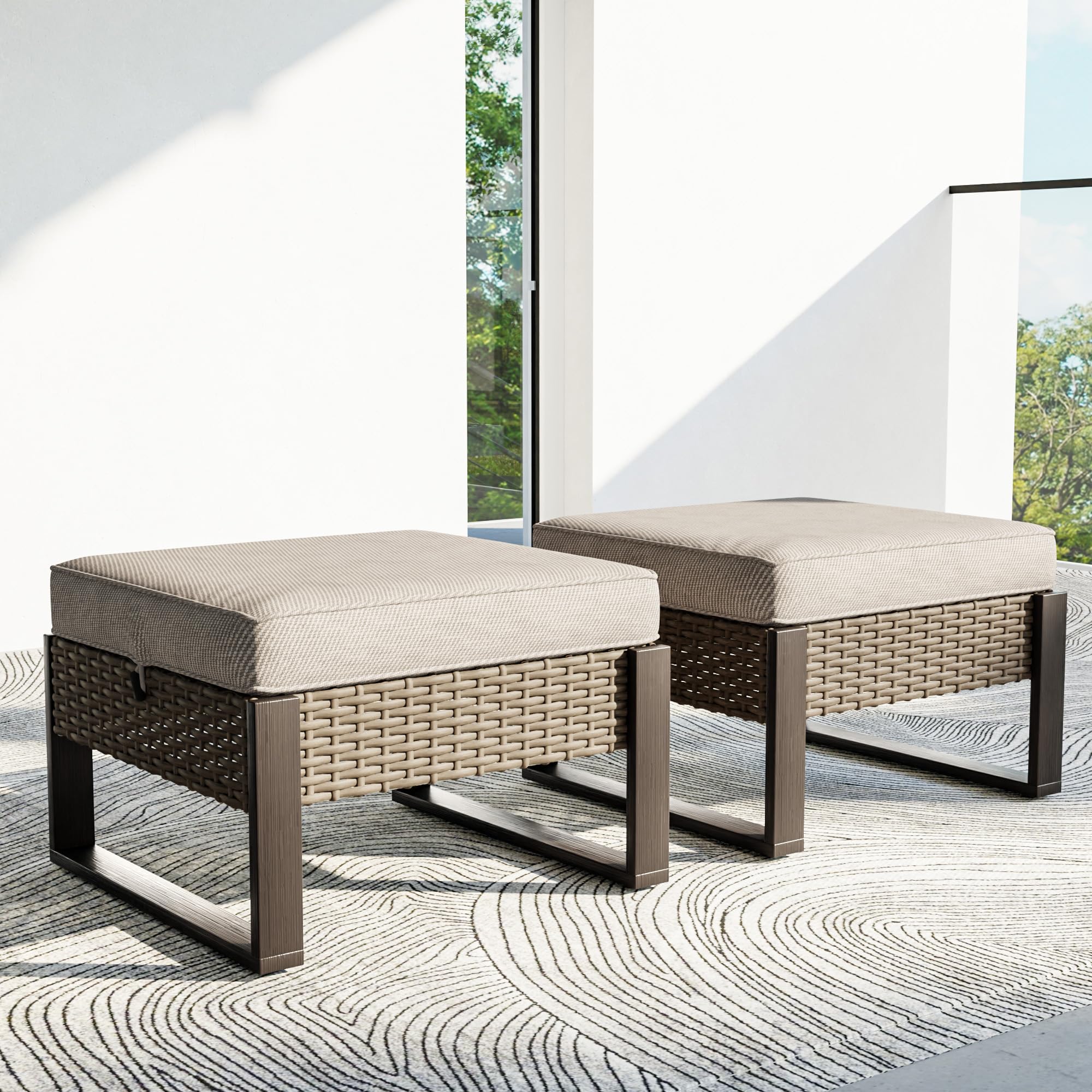 Outdoor Wicker Patio Ottomans Set of 2 with Cushions