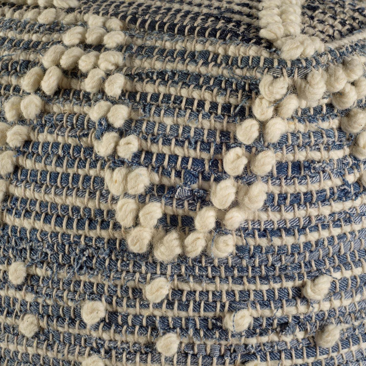 Handwoven Wool Square Pouf 16x16x16 Blue Ivory