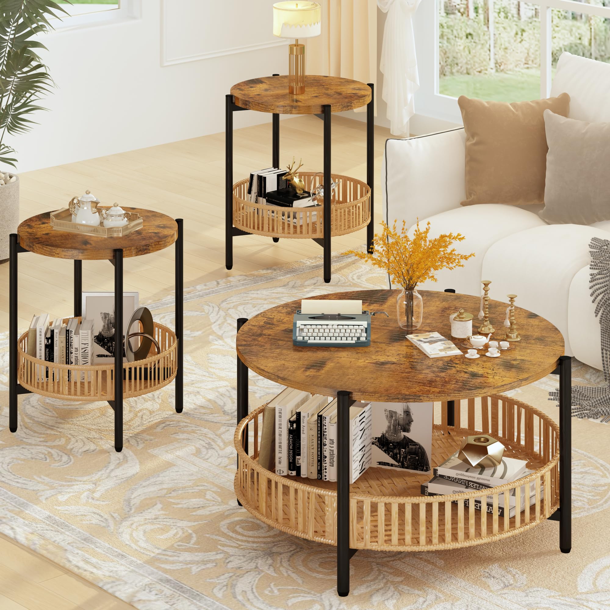 3-Piece Coffee Table Set with Rattan Storage Shelf