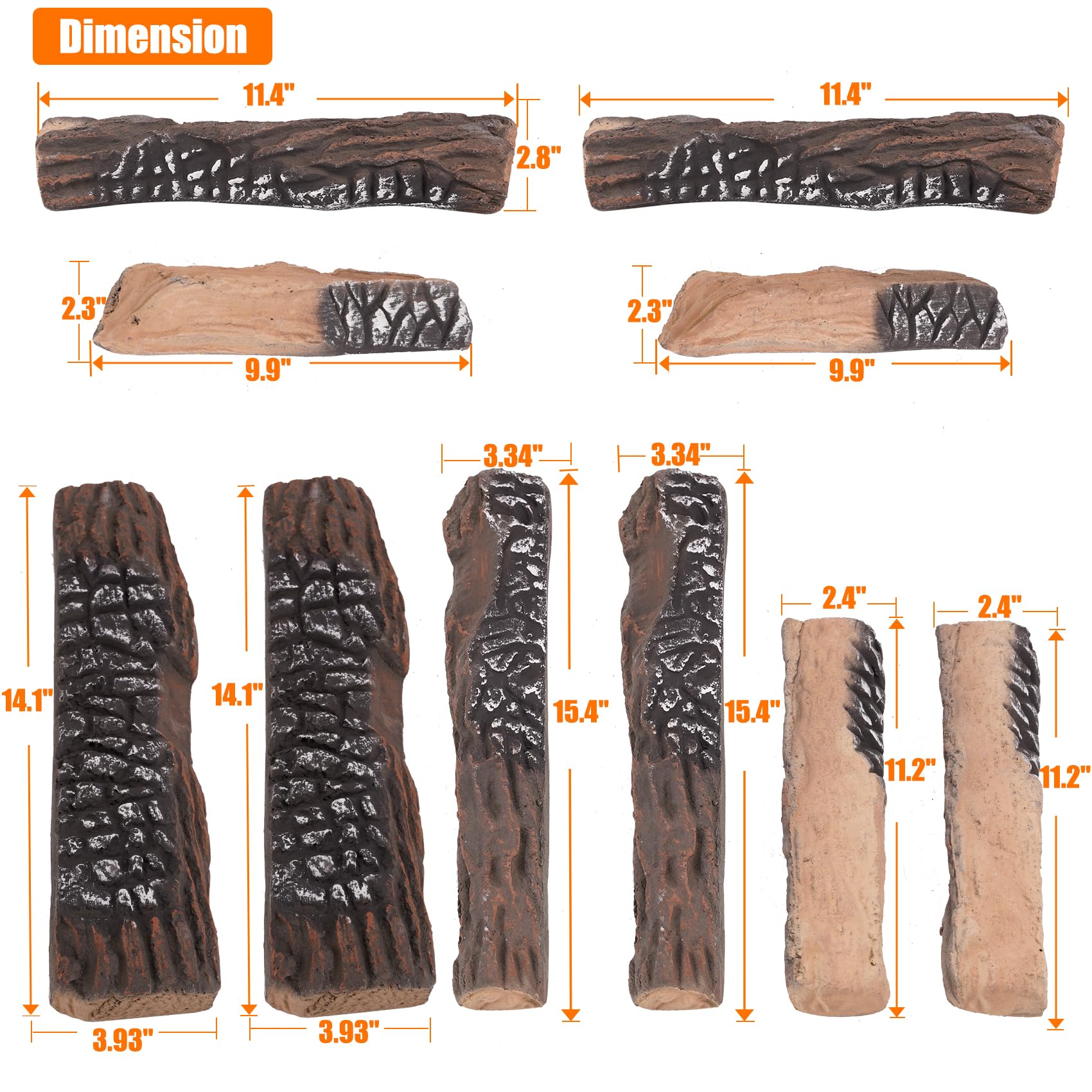 Large Ceramic Gas Fireplace Logs - 10 Piece Set