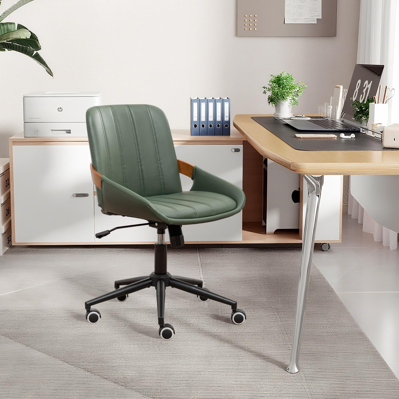 PU Leather Desk Chair with Wheels - Adjustable Height Swivel Office Chair