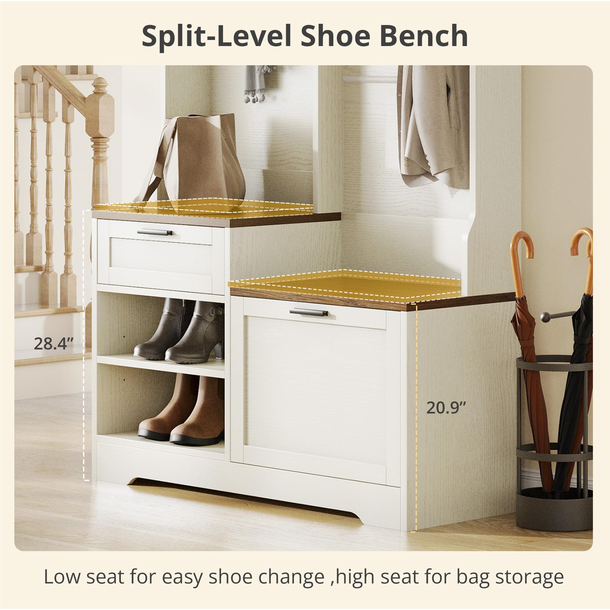 Modern Hall Tree with Bench Shoe Storage and 7 Hooks