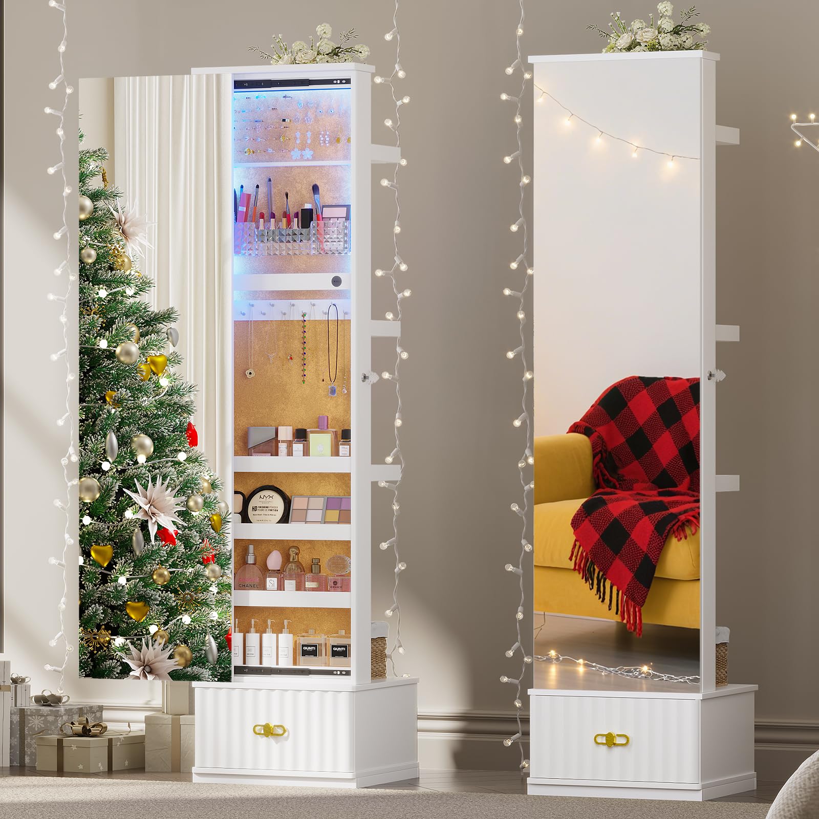 Full Length Mirror Jewelry Cabinet with LED Lights and Storage