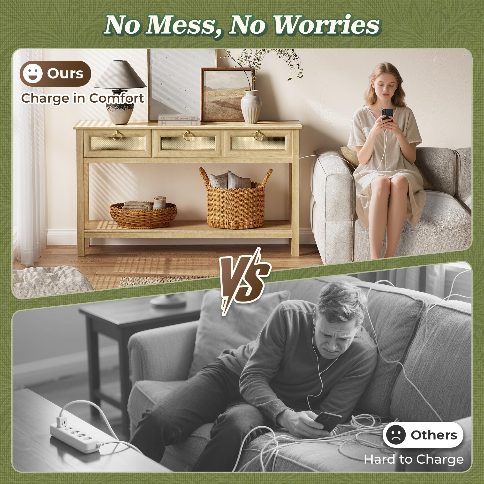 Rattan Console Table with Outlets and USB-C Port