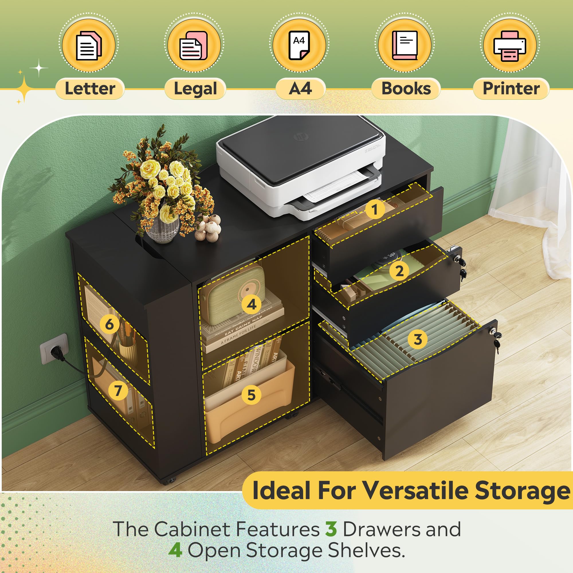 Mobile Filing Cabinet with Lock and Charging Station