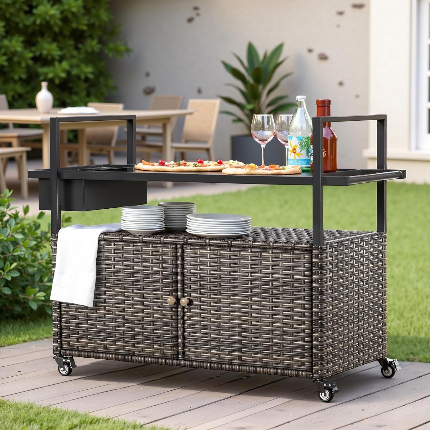 Wicker Outdoor Bar Cart with Storage Cabinet