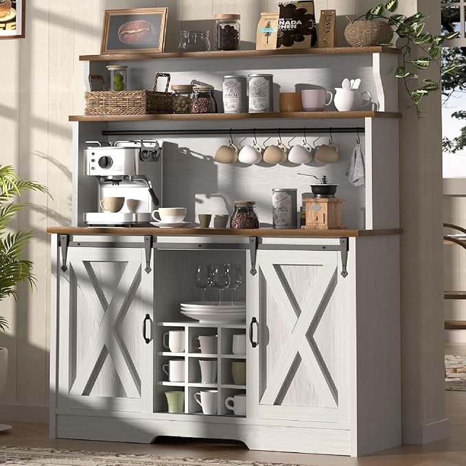 Farmhouse Coffee Bar Cabinet with 3-Tier Storage Hutch