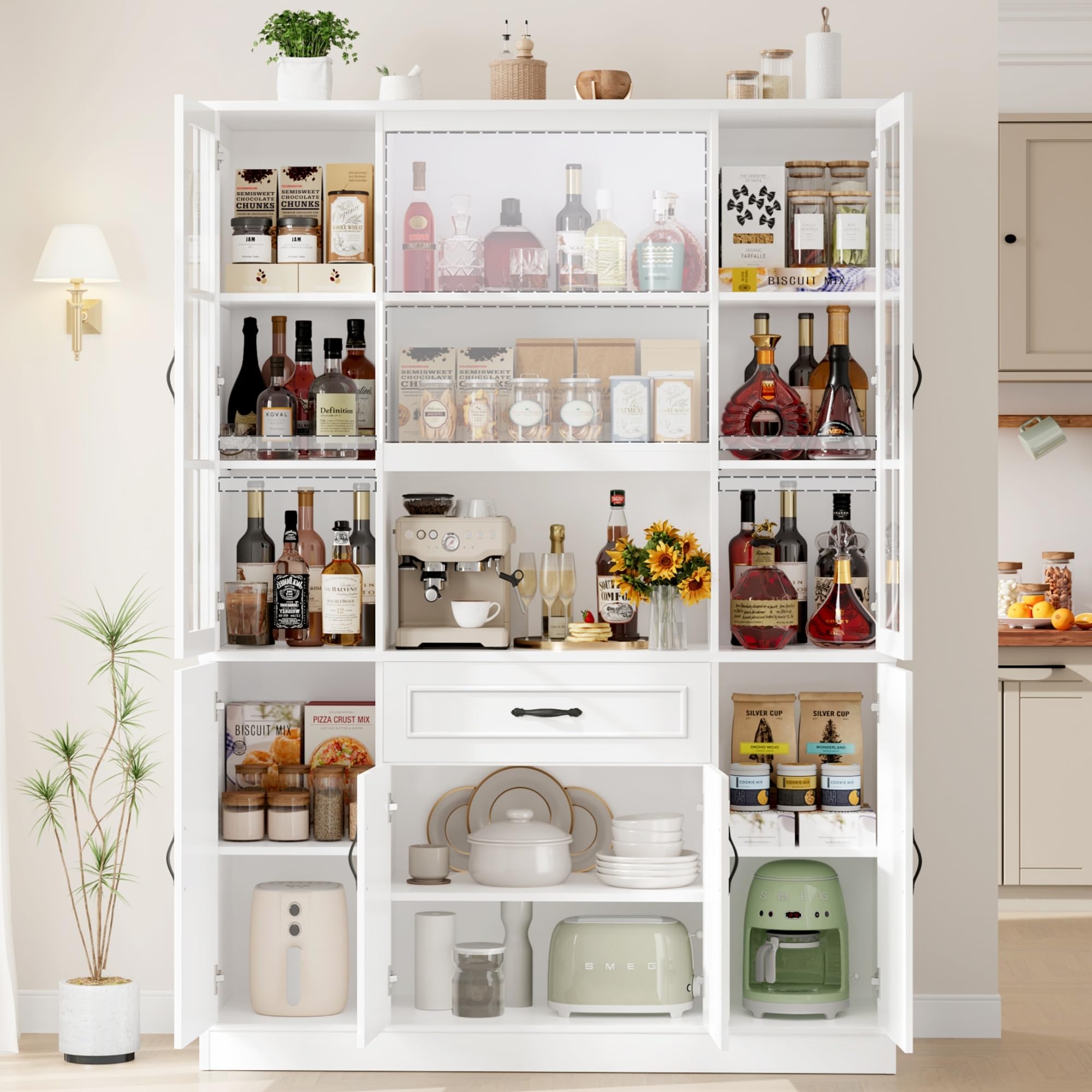 74" Kitchen Pantry Cabinet with Glass Door and Wine Rack