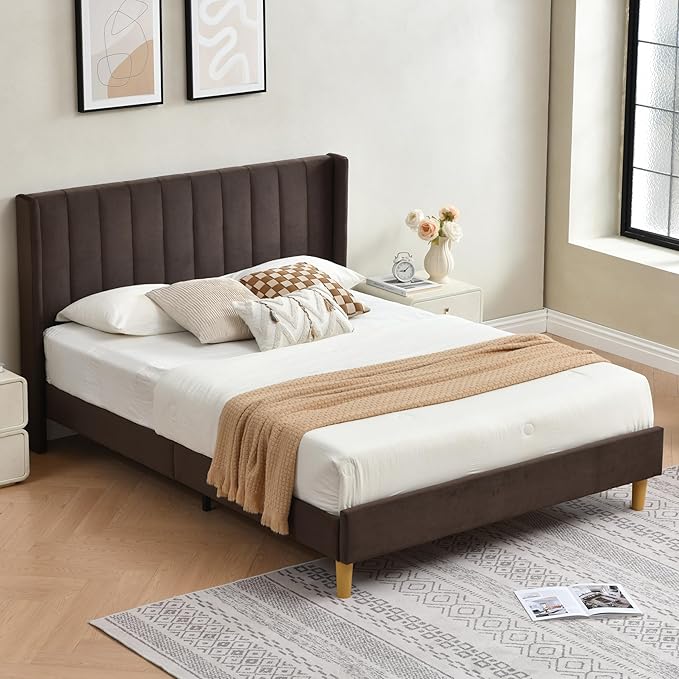 Pink Full Size Upholstered Platform Bed Frame with Wingback Headboard