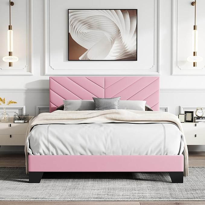 Queen Platform Bed Frame with Upholstered Headboard